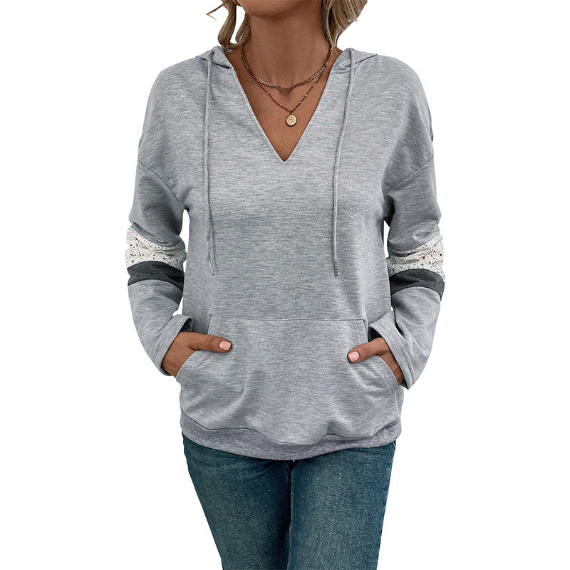 Women's V-neck hoodie sweatshirt with lace trim on the sleeves and kangaroo pocket Chichicherry