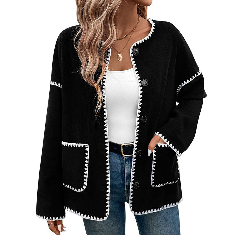 Women's Loose Crew Neck Cardigan with Contrasting Decorative Stitching, Button Placket & Patch Pockets