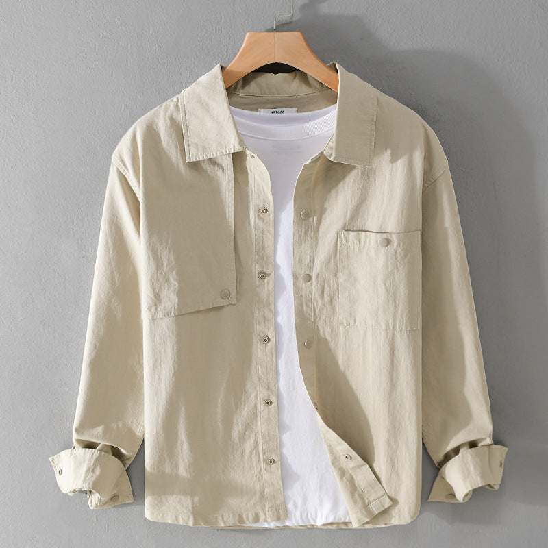Men's Minimalist Cotton Utility Overshirt with Snap Placket and Chest Pockets Chichicherry