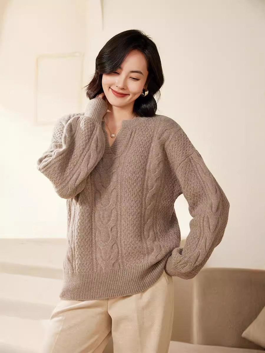 Ladies Oversize Cable Knit Sweater with V-Inset and Cashmere-like Softness Chichicherry