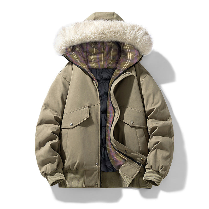 Men's Padded Winter Jacket with Faux Fur Hood, Quilted Checkered Lining and Bomber Cuffs Chichicherry