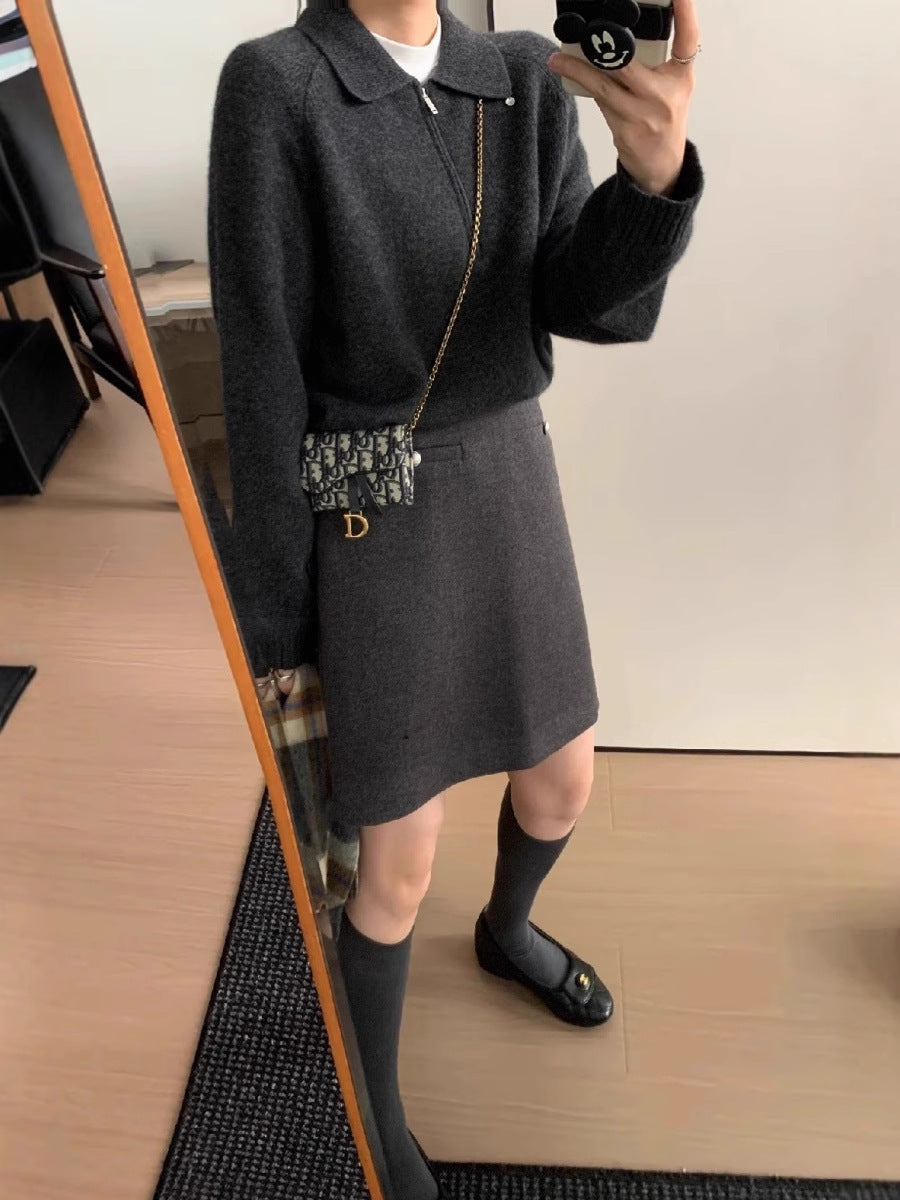 Women short zip polo sweater made of fluffy wool blend with boxy silhouette Chichicherry