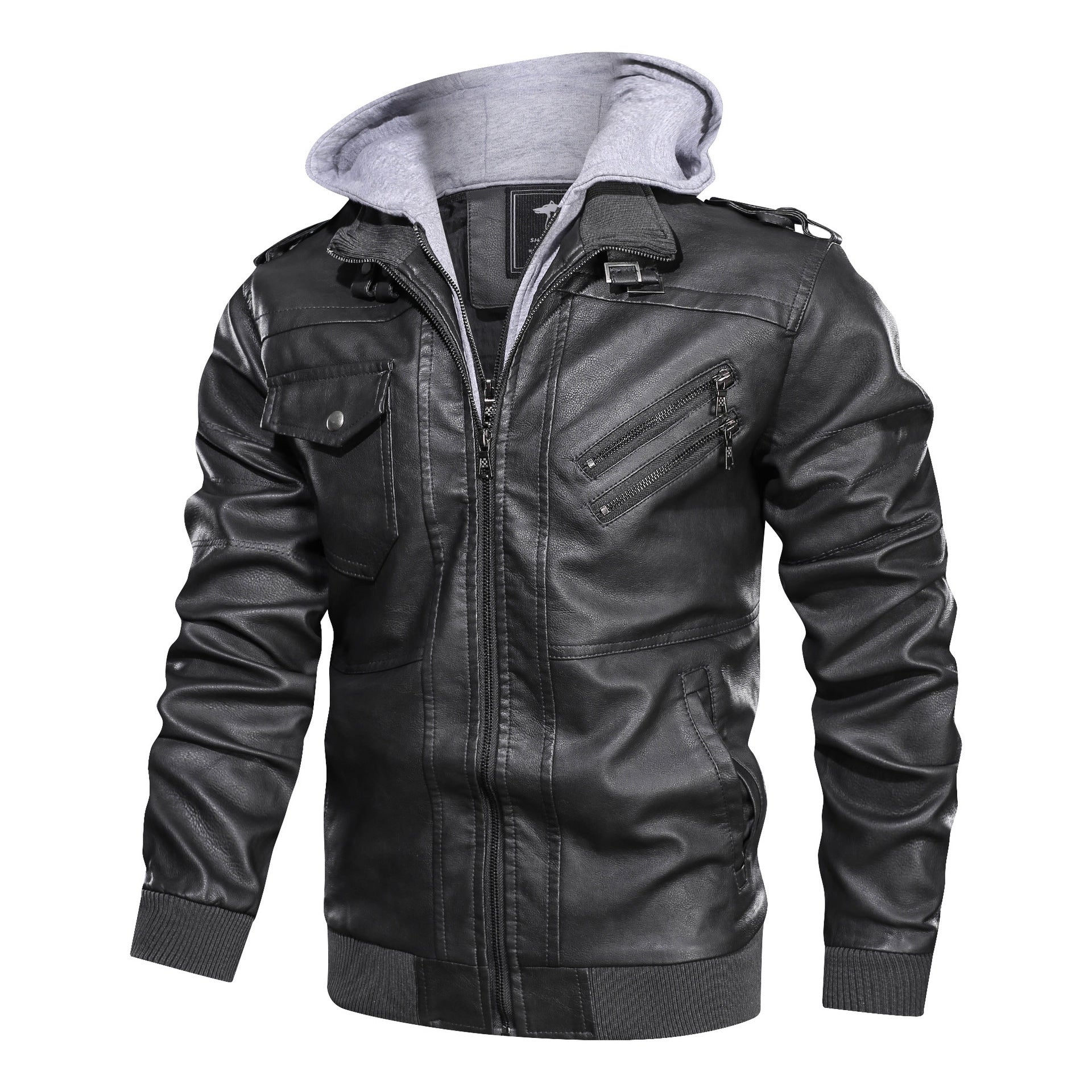 Men's pilot blouson made of synthetic leather with integrated hood insert and zipper details Chichicherry