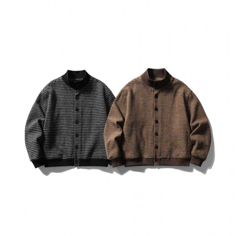 Unisex Boxy Knit Jacket in Bomber Style with Stand Collar and Button Placket Chichicherry