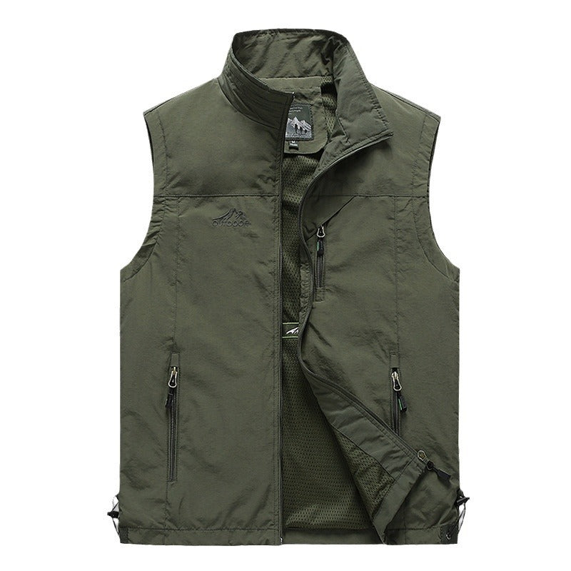 Men's Multifunctional Utility Vest with Stand-up Collar, Zipper Pockets, and Breathable Mesh Lining Chichicherry
