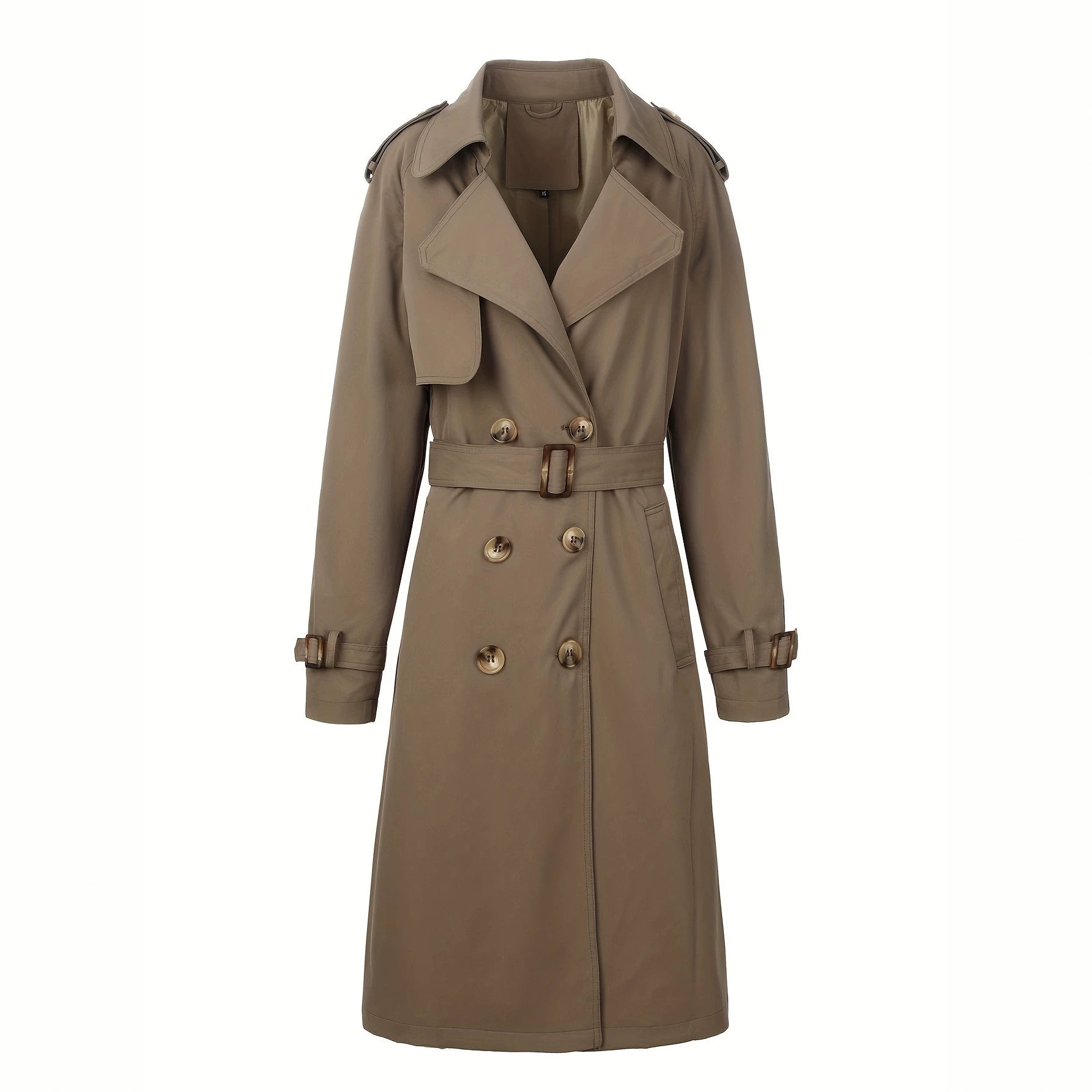 Women’s Long Double-Breasted Trench Coat with Waist Belt and Epaulettes Chichicherry