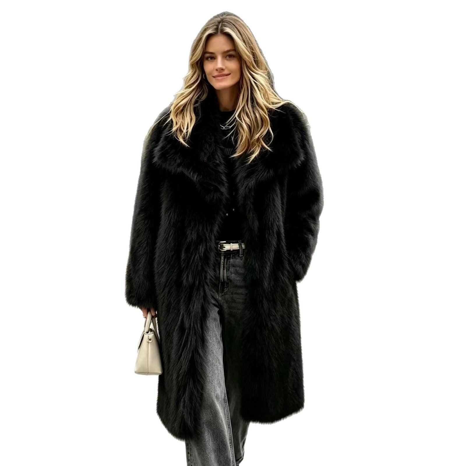 Women's Long High-Pile Faux Fur Coat with Oversized Lapel Collar and Straight Silhouette Chichicherry