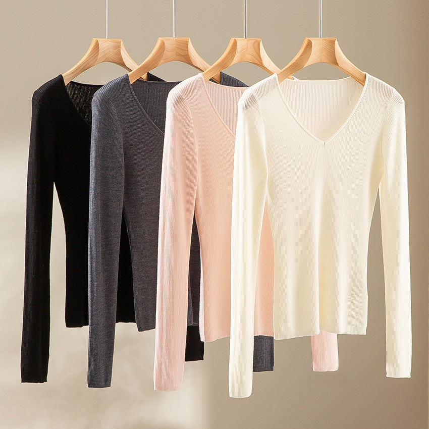 Women's Fine Rib Knit Sweater with Deep V-Neck and Tailored Fit Chichicherry