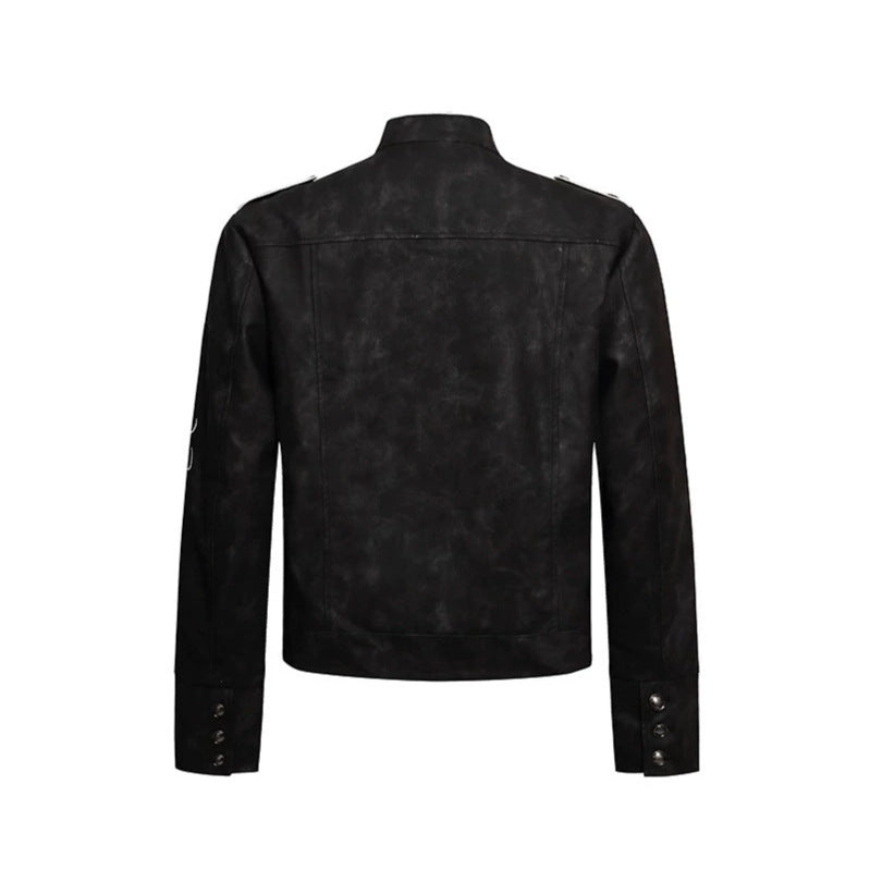 Men's military-inspired leather jacket with stand-up collar, decorative button rows, and embroidered sleeves Chichicherry
