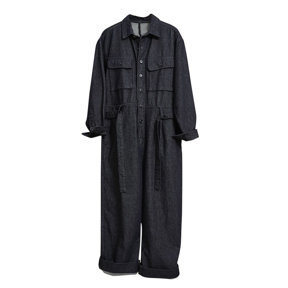 Women Oversize Jeans Overall with Waist Belt and Chest Pockets Chichicherry