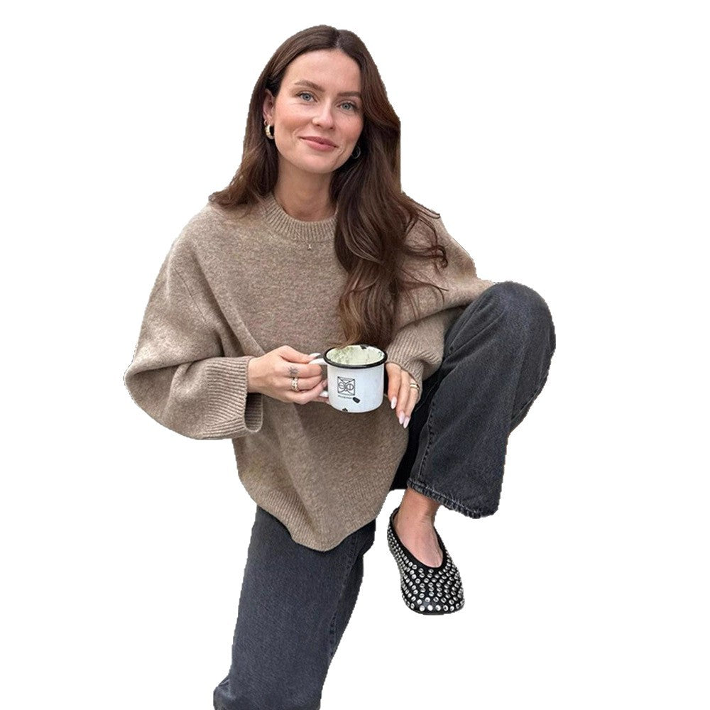 Women Oversized Fine Knit Sweater with Round Neck and Balloon Sleeves Chichicherry