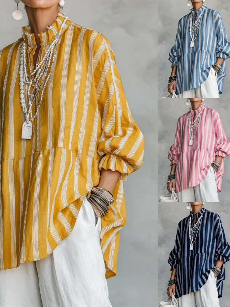 Women Striped Oversized Tunic with Stand-up Collar and Balloon Sleeves Chichicherry