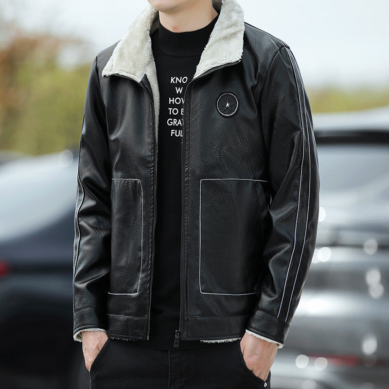 Men's Leather Look Pilot Jacket with Teddy Collar and Decorative Stitching Chichicherry