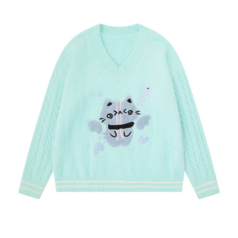 Women's V-neck knitted sweater with cable sleeves and chenille cat motif Chichicherry