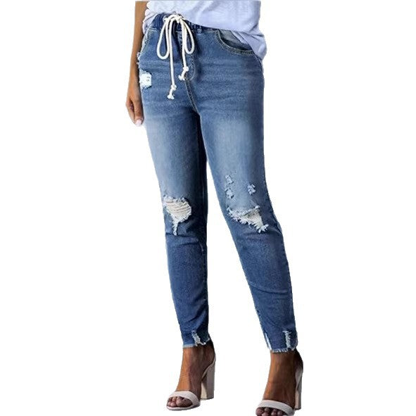 Women Cropped Denim Jeans with Drawstring Waistband, Destroyed Knee Areas and Raw Hem Chichicherry