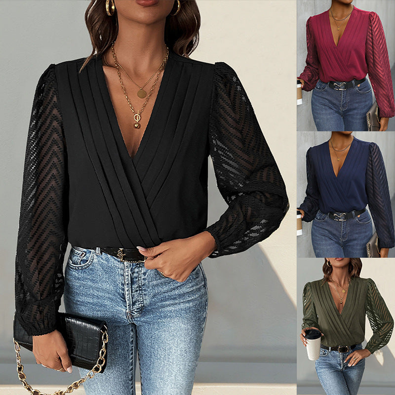 Women's Elegant Wrap Blouse with Pleated V-Neck and Transparent Chevron Sleeves Chichicherry