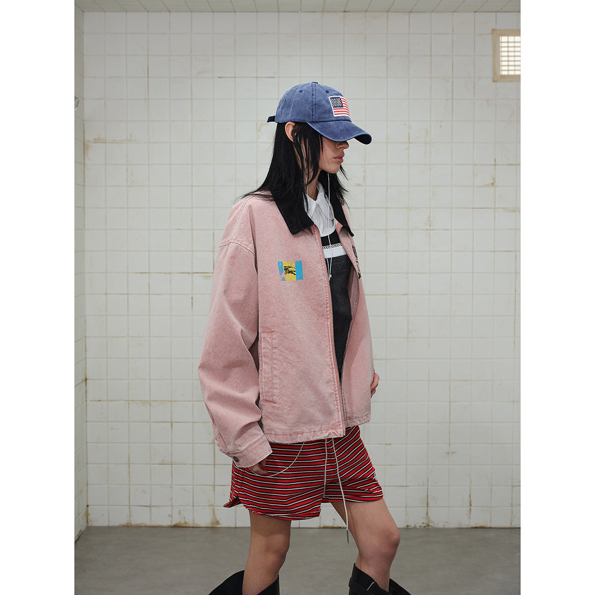 Unisex Boxy Blouson Jacket made of washed cotton twill with cord collar and print details Chichicherry