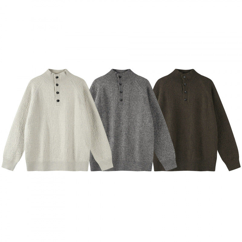 Unisex Structured Half-Zip Knit Sweater with Henley Button Placket and Raglan Sleeves Chichicherry