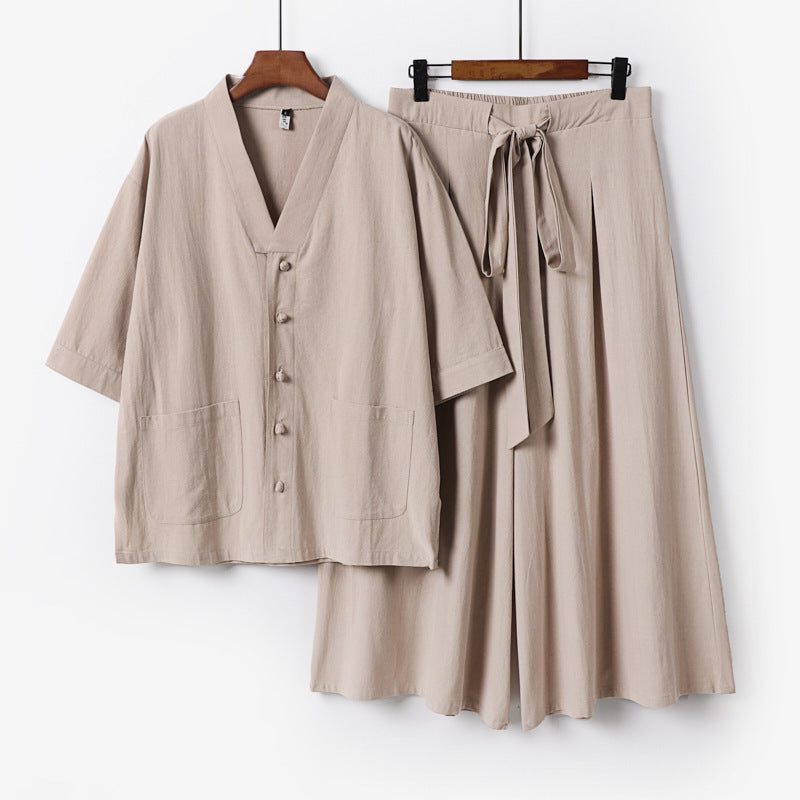 Women Two-Piece Kimono Lounge Set with Short Sleeve Button Jacket, Patch Pockets and Wide Palazzo Pants Chichicherry