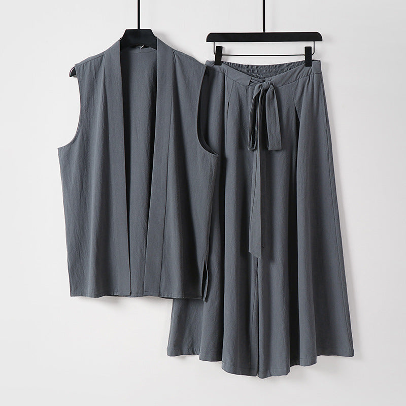 Women Sleeveless Kimono Vest and High-Waisted Culotte Pants with Tie Belt Chichicherry