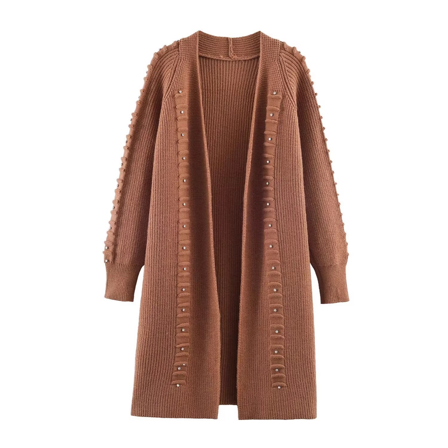 Women Longline Knit Cardigan with Pearl Trim and Ribbed Cuffs Chichicherry