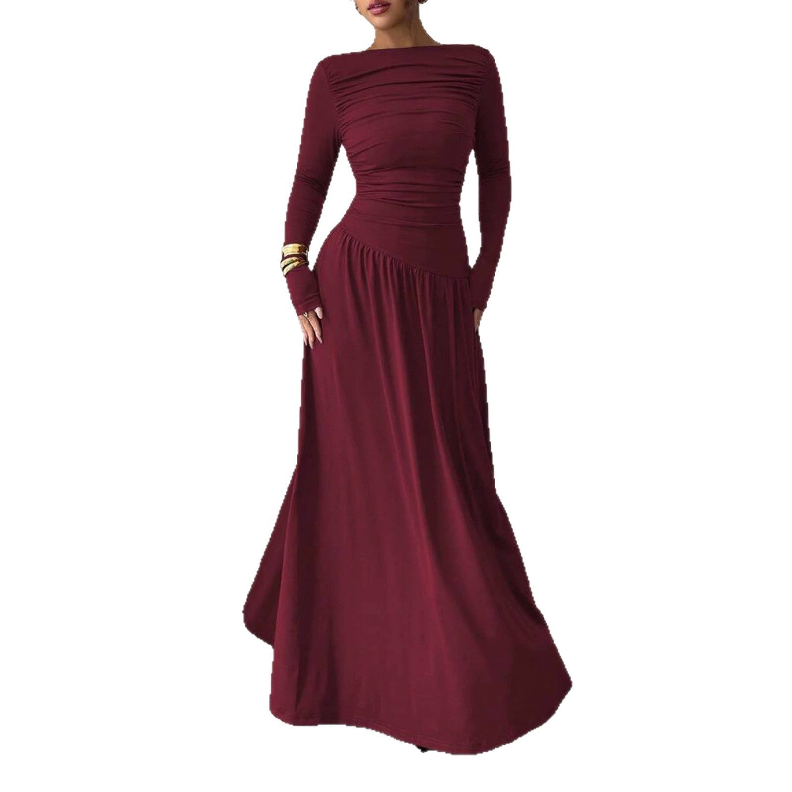 Ladies Maxi Dress with Ruched Bodice, Fitted Waist and Long Sleeve Chichicherry
