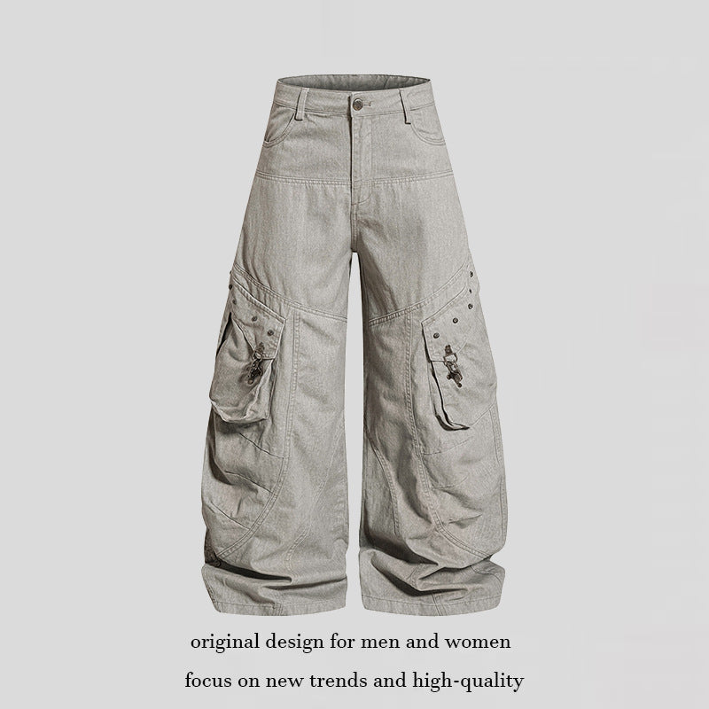 Women Wide High-Waist Cargo Culotte Jeans Pants with Flap Pockets and Vintage Wash Chichicherry