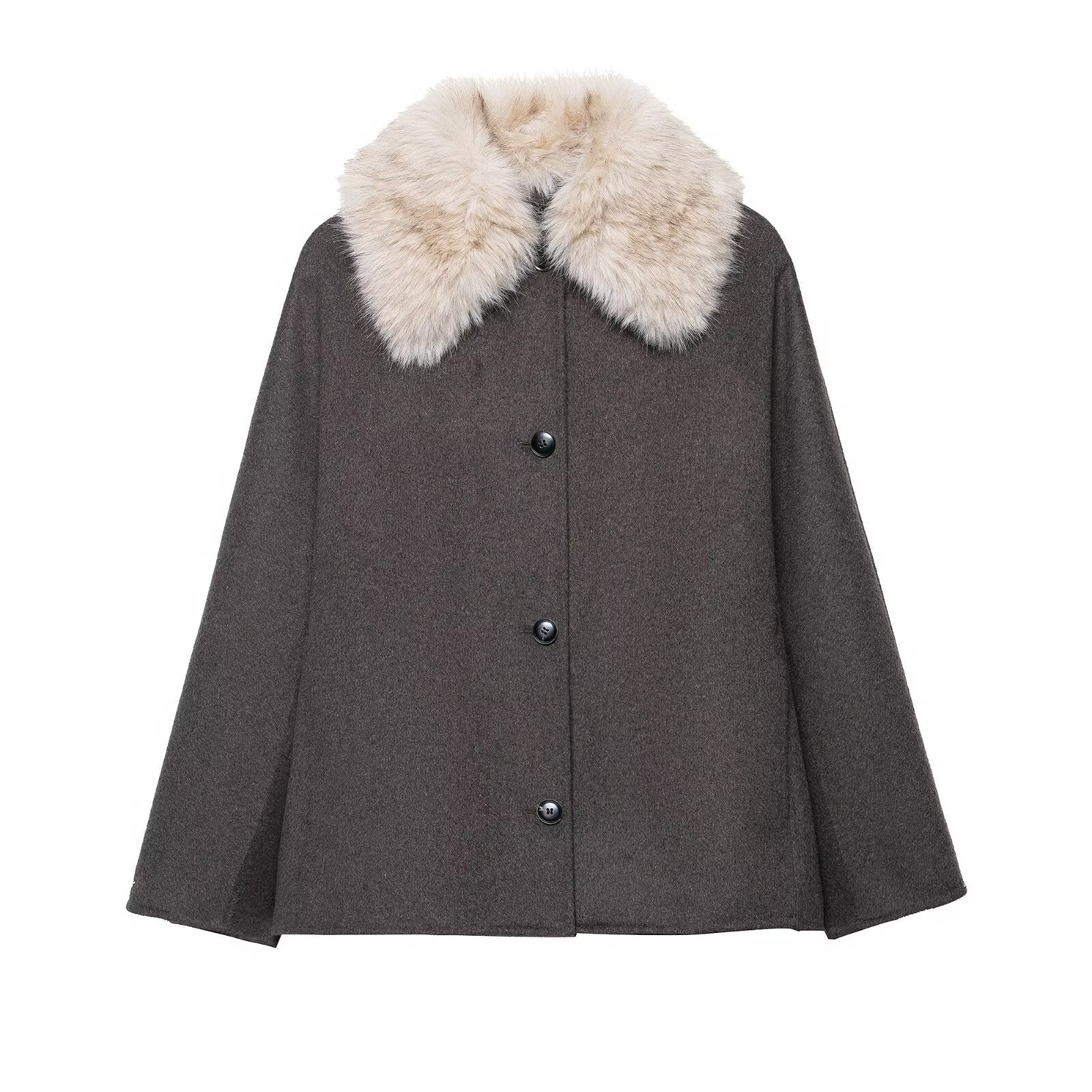 Women's wool cape with removable faux fur collar and concealed button placket Chichicherry