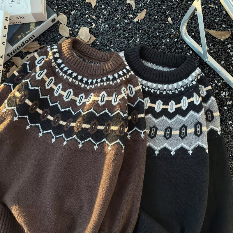 Unisex Oversized Rundhalspullover mit Norweger-Jacquard und gerippten Bündchen Chichicherry