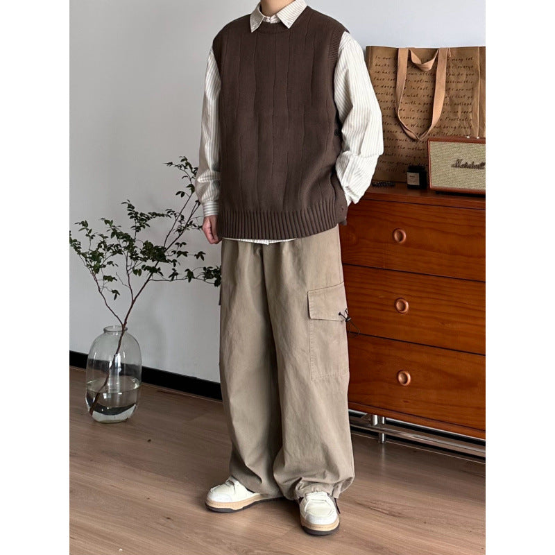 Herren Oversized Ärmellose Strickweste mit geripptem Saum und Rundhalsausschnitt Chichicherry