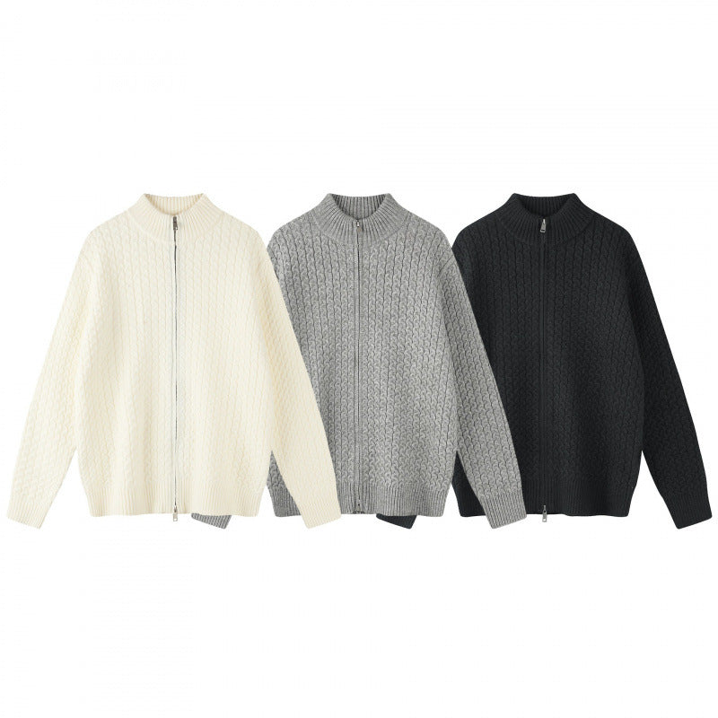 Unisex Boxy Cardigan with Cable Pattern, Stand-up Collar and Two-way Zipper Chichicherry