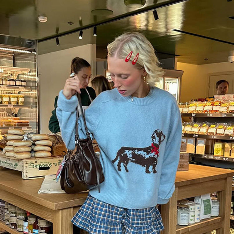 Women's knit sweater with dachshund intarsia and relaxed oversized fit Chichicherry