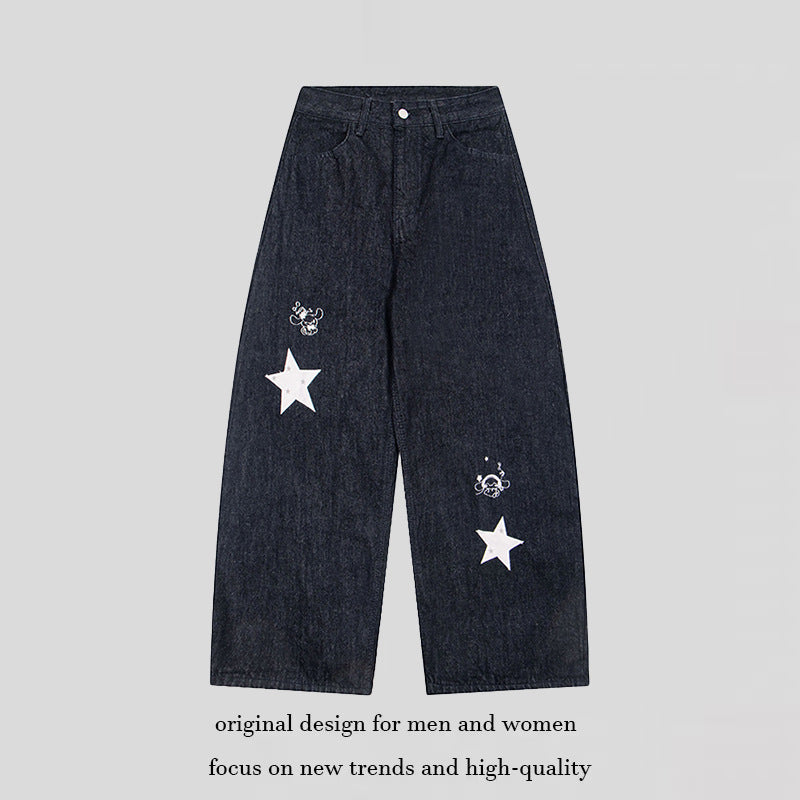Women Wide Denim Palazzo Jeans with High Waist, Star Applications and Illustrative Patches Chichicherry