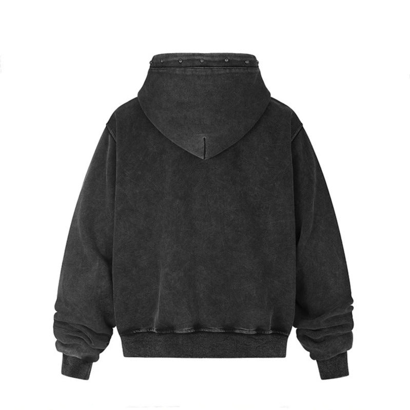 Men's hooded sweat jacket with vintage wash, oversized cut, patch print and studded accents Chichicherry