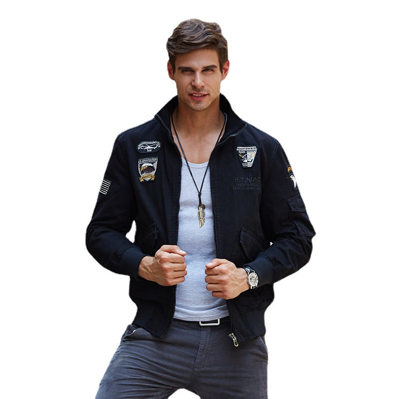 Men's short-cut bomber jacket made of canvas with emblem patches and arm pocket Chichicherry