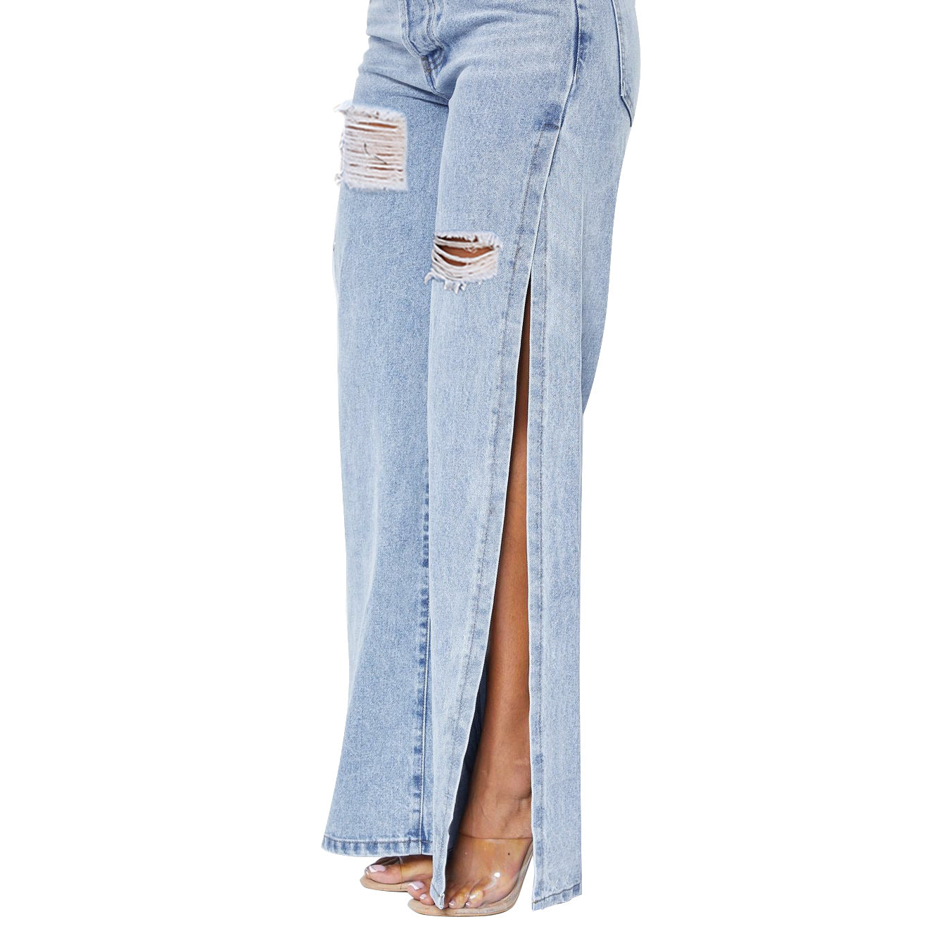 Ladies wide high-waist jeans with side leg slits, destroyed knee, and shaping waistband Chichicherry