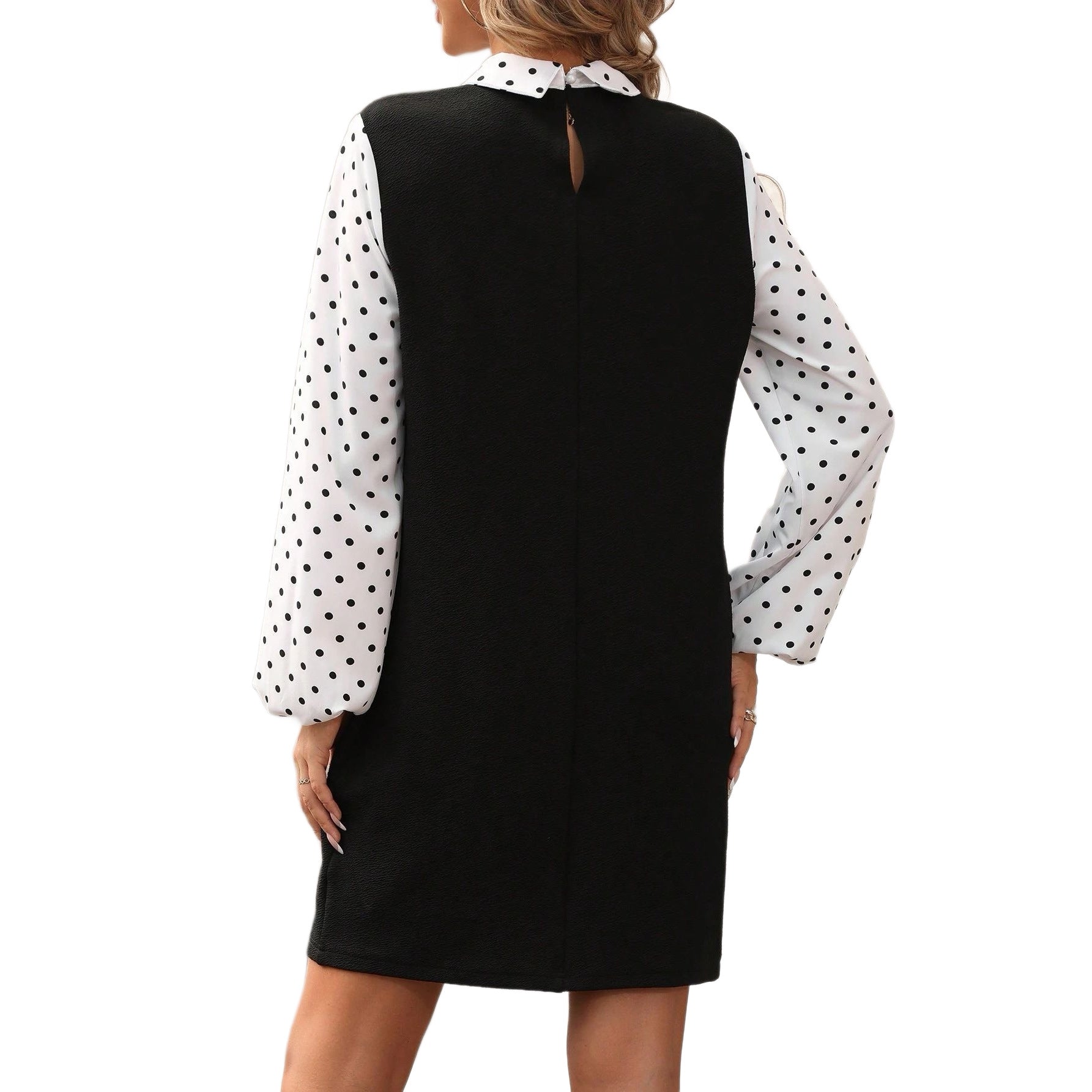 Damen Kontrastblusenkleid mit gepufften Polka-Dot-Ärmeln und Hemdkragen Chichicherry