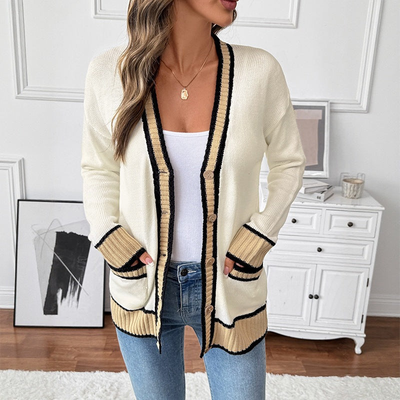 Women's Long Fine Knit Cardigan with V-Neck, Contrast Piping and Patch Pockets Chichicherry