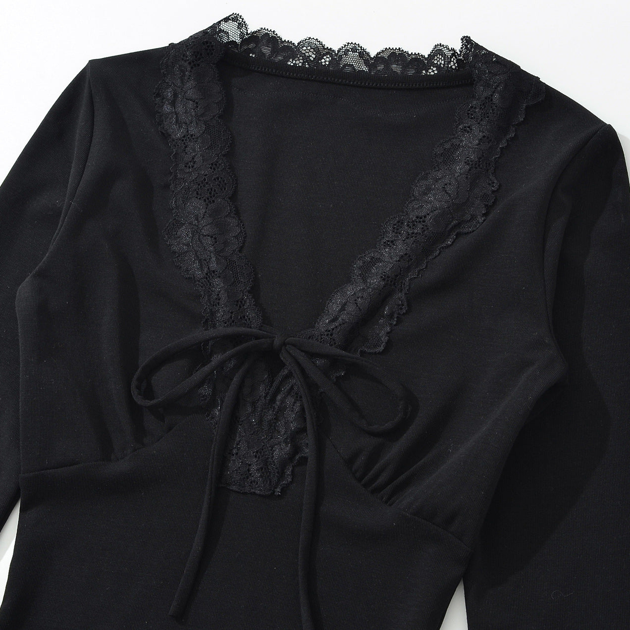 Women's Long Sleeve Shirt with Lace V-Neck and Tie Band Chichicherry