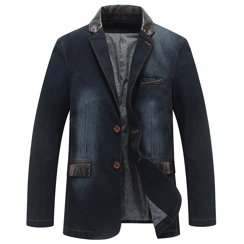 Men's Elegant Denim Blazer Style Jacket with Faux Leather Trim and Paisley Lining Chichicherry