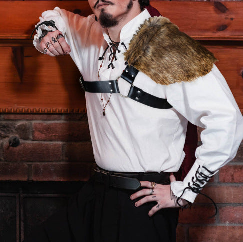 Men's asymmetrical shoulder harness with faux fur shoulder cape and adjustable leather straps Chichicherry
