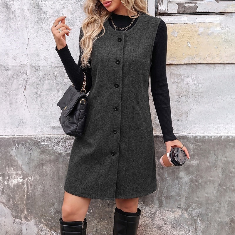 Women's Sleeveless Wool Blend Coat Skirt with Continuous Button Placket and Side Pockets Chichicherry