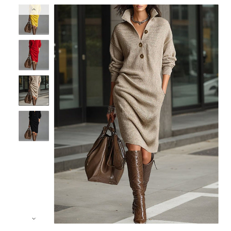 Women's ribbed midi dress with lapel collar, button placket, and patch pockets Chichicherry