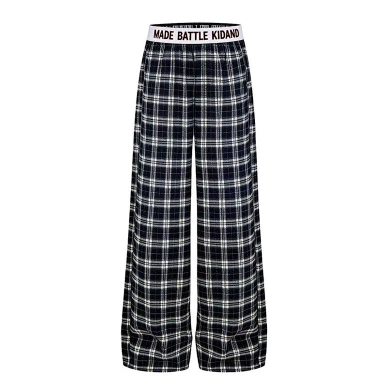 Ladies Wide Lounge Pants with Check Pattern and Elastic Logo Waistband Chichicherry