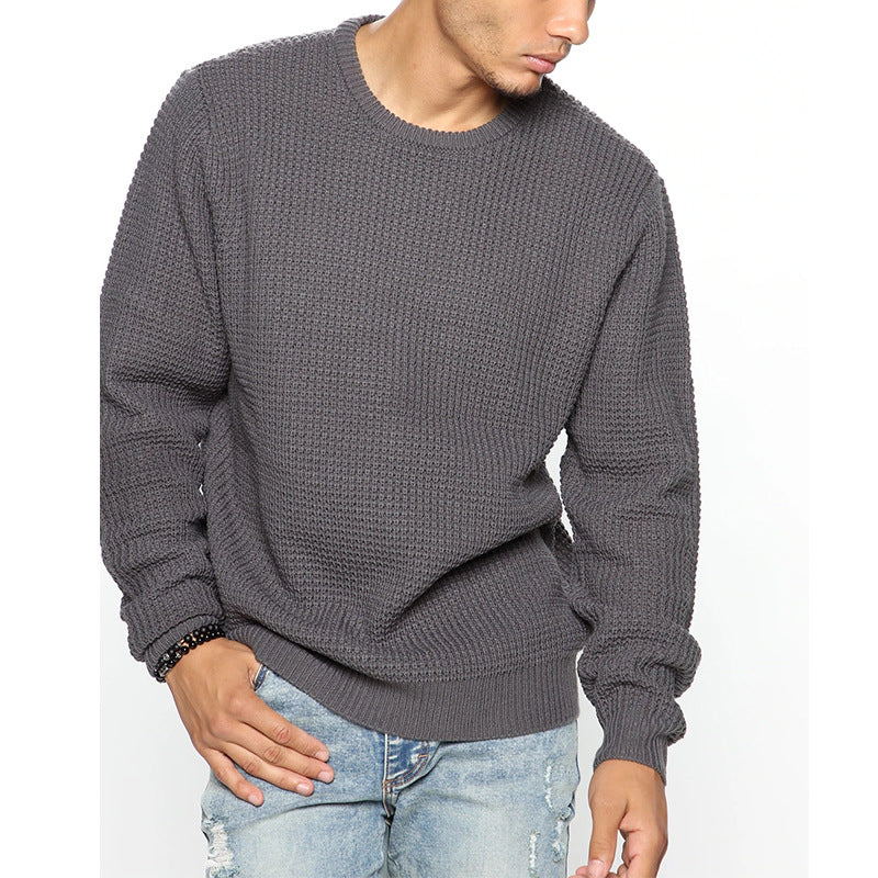 Men's Chunky Knit Crew Neck Sweater with Basketweave Pattern and Relaxed Fit Chichicherry
