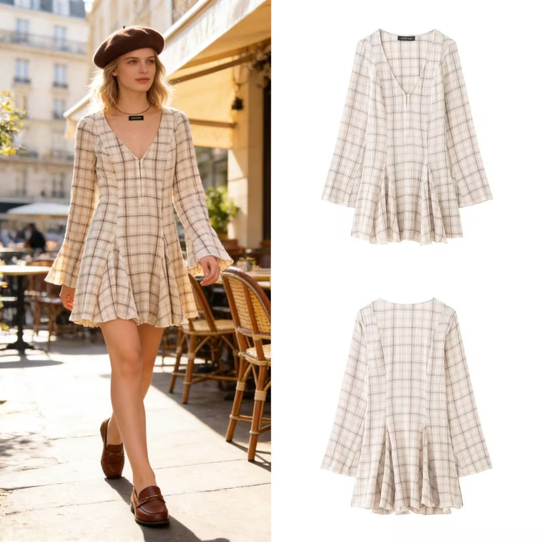 Women's Lightweight V-Neck Midi Dress with Check Pattern, Tailored Godet Skirt and Crinkle Structure Chichicherry