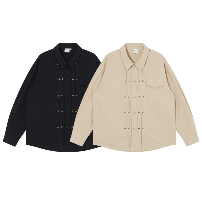 Men's Oversized Shirt Jacket in Workwear Style with Decorative Stitching and Metal Rivets Chichicherry