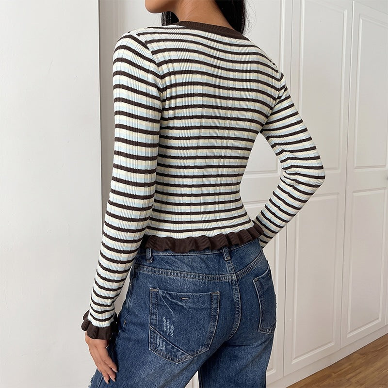 Women's fitted ribbed cropped long sleeve with frill edge and fine stripe pattern Chichicherry