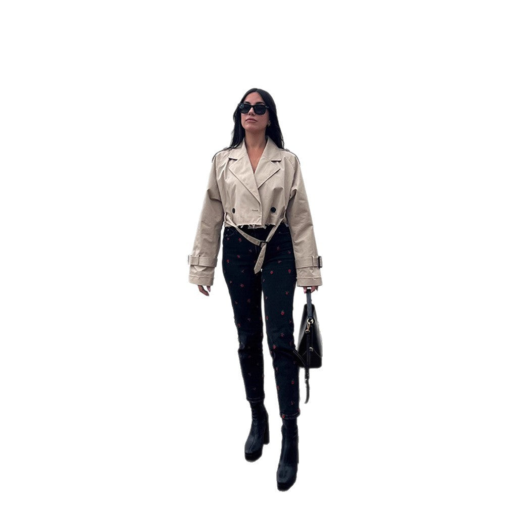 Women Short-Cut Trench-Cropped Coat with Waistbelt, Oversized Sleeves and Frayed Hem Chichicherry