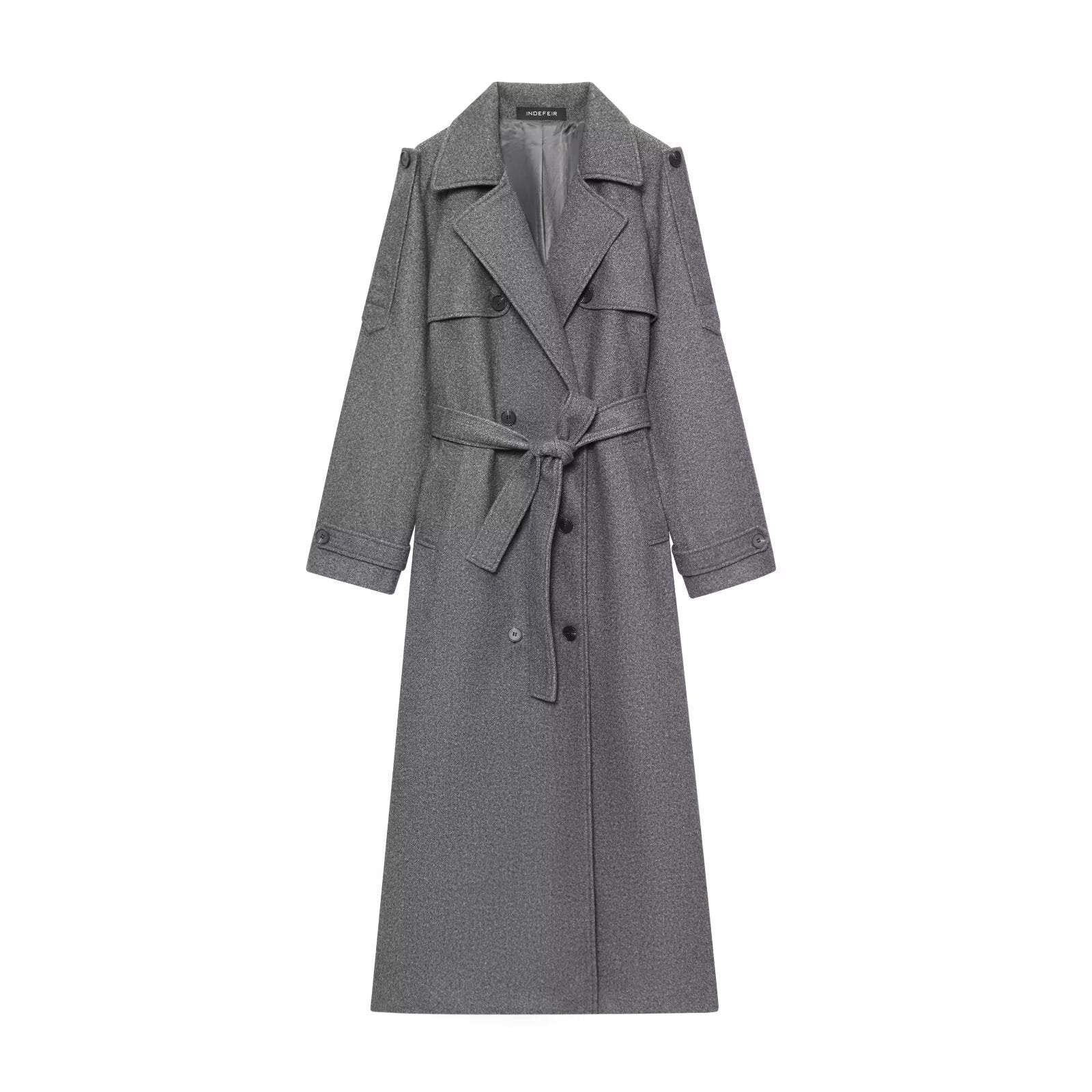 Women's Long Wool Trench Coat with Tie Belt Chichicherry